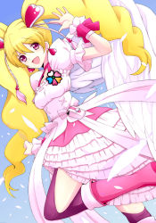 Rule 34 | 00s, 1girl, :d, bad id, bad pixiv id, blonde hair, boots, bow, cure angel, cure peach, cure peach (angel), eyelashes, fresh precure!, hair ornament, heart, heart hair ornament, kannagi kaname, knee boots, long hair, magical girl, momozono love, open mouth, pink bow, pink eyes, pink footwear, precure, smile, solo, twintails