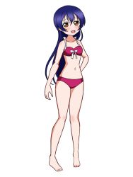 Rule 34 | 1girl, artist name, artist request, bare legs, bare shoulders, barefoot, bikini, blue hair, blush, bow, breasts, brown eyes, collarbone, feet, female focus, full body, hair between eyes, long hair, looking at viewer, love live!, love live! school idol project, parted lips, red bikini, small breasts, smile, solo, sonoda umi, standing, swimsuit, white background, white bow, worried, yellow eyes