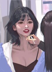 Rule 34 | 2girls, absurdres, applying makeup, black camisole, black hair, blue jacket, breasts, brown eyes, brown hair, camisole, cleavage, highres, jacket, jiangkang meizi, k-pop, lipstick, long hair, makeup, medium breasts, medium hair, momo (twice), multiple girls, off shoulder, parted lips, real life, red lips, shirt, sketch, smile, solo focus, twice (group), white shirt