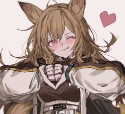 Rule 34 | 1girl, :p, animal ears, aogisa, arknights, brown hair, ceobe (arknights), dog girl, heart, heart hands, long hair, looking at viewer, one eye closed, red eyes, solo, tongue, tongue out