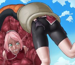 Rule 34 | 1girl, absorption, ass, boruto: naruto next generations, breasts, cell (dragon ball), crying, curled fingers, gloves, godvore, green eyes, haruno sakura, medium breasts, naruto (series), outoors, pink hair, short, tail vore, tears, vore, wet