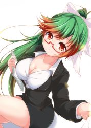 Rule 34 | 1girl, black jacket, bow, breasts, brown eyes, brown hair, buttons, cleavage, closed mouth, collarbone, collared shirt, crash fever, crossed legs, dress shirt, eyelashes, formal, glasses, gradient hair, green hair, hair bow, hair ribbon, hands up, highres, holding, holding paper, jacket, large breasts, long hair, long sleeves, looking at viewer, miniskirt, multicolored hair, nanaume (shichimi tougarashi), office lady, paper, pencil skirt, ponytail, red-framed eyewear, ribbon, semi-rimless eyewear, shirt, sidelocks, simple background, sitting, skirt, skirt suit, smile, solo, suit, under-rim eyewear, white background, white bow, white shirt