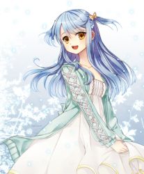 Rule 34 | 1girl, :d, blue hair, blush, bow, collarbone, dress, hair bow, long hair, looking at viewer, open mouth, original, senri (nazerine), smile, solo, two side up, yellow eyes