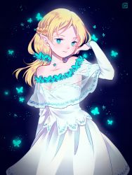 Rule 34 | 1girl, blonde hair, blue butterfly, blue eyes, braid, breasts, bug, butterfly, ca tap poi, cleavage, dress, elf, french braid, gem, hand up, highres, insect, isekai ojisan, long hair, looking at viewer, pointy ears, see-through, small breasts, standing, sui (isekai ojisan), white dress