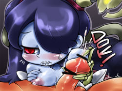 Rule 34 | 1boy, 1girl, bare shoulders, blue hair, blue skin, blush, breasts, breasts out, censored, colored skin, cum, detached sleeves, ejaculation, frown, hair over one eye, handjob, hetero, lactation, leviathan (skullgirls), long hair, long skirt, looking away, lying, nekoyuu, nipples, nude, on stomach, pale skin, penis, pointless censoring, red eyes, side ponytail, skirt, skull, skullgirls, squigly (skullgirls), stitched mouth, stitches, sweatdrop, tears, wide hips, zombie