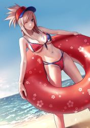 Rule 34 | 1girl, american flag bikini, american flag print, applekun, bare arms, baseball cap, beach, bikini, blue eyes, blue sky, blush, breasts, cherry blossom print, dutch angle, earrings, fate/grand order, fate (series), flag print, floral print, front-tie bikini top, front-tie top, hat, highres, innertube, jewelry, light particles, long hair, looking at viewer, medium breasts, miyamoto musashi (fate), miyamoto musashi (fate/grand order), miyamoto musashi (swimsuit berserker) (fate), miyamoto musashi (swimsuit berserker) (second ascension) (fate), multiple straps, navel, ocean, one eye closed, outdoors, pink hair, print bikini, sand, skindentation, sky, smile, solo, star (symbol), star print, striped bikini, striped clothes, swim ring, swimsuit, two-tone headwear, underboob