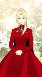 Rule 34 | 1girl, blonde hair, closed mouth, collared dress, dress, green eyes, highres, long hair, looking at viewer, navier ellie trovi, official art, red dress, serious, solo, the remarried empress