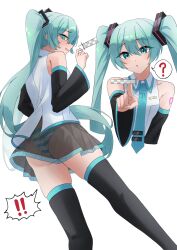 ! !! 1girl :o ? amaama_(beccyonaika1) aqua_hair arm_warmers ass black_thighhighs blue_eyes blue_necktie blue_panties blush collared_shirt commentary_request embarrassed from_behind from_below hair_between_eyes hatsune_miku highres long_hair multiple_views necktie panties peanut_mouth see-through_clothes see-through_skirt shirt simple_background skirt sleeveless sleeveless_shirt speech_bubble spoken_exclamation_mark spoken_question_mark striped_clothes striped_panties thighhighs twintails underwear very_long_hair vocaloid white_background white_panties white_shirt