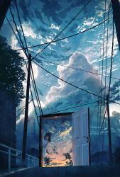 Rule 34 | 1girl, black hair, cable, cloud, cloudy sky, commentary, contrail, cumulonimbus cloud, door, doorway, dress, english commentary, fence, halo, highres, kojomi (7j543), long hair, looking at viewer, mountain, open door, original, outdoors, palm tree, road, sky, solo, sundress, surreal, tree, utility pole, wall, white dress