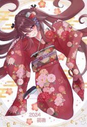 Rule 34 | 1girl, 2024, absurdres, black footwear, black nails, blush, brown hair, commentary request, engasaki sakura, floral background, floral print, flower, flower-shaped pupils, genshin impact, geta, hair flower, hair ornament, hands up, highres, hu tao (genshin impact), japanese clothes, kimono, knees up, long hair, looking at viewer, nail polish, obi, red eyes, red kimono, sandals, sash, socks, solo, symbol-shaped pupils, twintails, white socks, wide sleeves, zouri