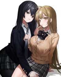 Rule 34 | 2girls, absurdres, black eyes, black hair, blouse, blush, breasts, brown eyes, brown hair, chungu, collared shirt, hand on another&#039;s thigh, highres, large breasts, long hair, long sleeves, looking at viewer, multiple girls, original, shirt, simple background, skirt, smile, thighs, white background, white shirt