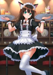 Rule 34 | 1girl, :o, alternate costume, animal ears, apron, black dress, black footwear, blurry, blurry background, blush, breasts, brown hair, cake, cake slice, cat ears, commentary, cup, depth of field, dress, drinking glass, drinking straw, english commentary, enmaided, feet out of frame, food, frilled apron, frilled dress, frills, green eyes, hair between eyes, highres, holding, holding tray, idolmaster, idolmaster cinderella girls, indoors, kazenokaze, long hair, looking at viewer, maid, maid headdress, medium breasts, parfait, parted lips, puffy short sleeves, puffy sleeves, shibuya rin, shoes, short sleeves, solo, standing, standing on one leg, stool, thighhighs, tray, very long hair, white apron, white thighhighs, wrist cuffs