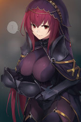 Rule 34 | 1girl, ?, armor, bodysuit, boobplate, breastplate, breasts, closed mouth, cowboy shot, cropped, fate/empire of dirt, fate/grand order, fate (series), garter straps, gauntlets, highres, impossible bodysuit, impossible clothes, large breasts, long hair, non-web source, pauldrons, purple hair, red eyes, scathach (fate), shoulder armor, sidelocks, simple background, smile, solo, spoken question mark, steaming body, sweat, taishi (picchiridou), thighhighs, veil, very long hair