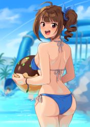 Rule 34 | 1girl, ahoge, ass, ball, beachball, bikini, blue bikini, blue sky, brown hair, cloud, cowboy shot, day, drill hair, from behind, halterneck, holding, holding ball, idolmaster, idolmaster million live!, kamille (vcx68), looking at viewer, looking back, open mouth, outdoors, purple eyes, round teeth, side-tie bikini bottom, side drill, side ponytail, sky, smile, solo, standing, swimsuit, teeth, upper teeth only, water slide, yokoyama nao