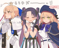 Rule 34 | 3girls, ahoge, armor, armored dress, artoria caster (fate), artoria caster (second ascension) (fate), artoria caster (third ascension) (fate), artoria pendragon (fate), bare shoulders, belt, beret, black gloves, blonde hair, blue cape, blue headwear, blue ribbon, blush, body markings, breastplate, breasts, brown hair, cape, capelet, closed eyes, crown, dress, facial mark, fate/grand order, fate (series), faulds, forehead mark, fur-trimmed capelet, fur trim, gloves, green eyes, grey dress, hair ribbon, hat, hood, hooded cape, iyo (fate), large breasts, long hair, long sleeves, multicolored cape, multicolored clothes, multiple girls, parted bangs, red cape, ribbon, sash, small breasts, tearing up, translation request, twintails, uxco0, very long hair, white capelet, white dress