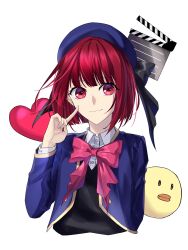 Rule 34 | 1girl, absurdres, arima kana, beret, black vest, blue hat, blue jacket, blunt bangs, bob cut, bow, buttons, clapperboard, closed mouth, collared shirt, cropped torso, finger to face, hat, heart, highres, index finger raised, jacket, light smile, open clothes, open jacket, oshi no ko, pieyon, pink bow, red eyes, red hair, school uniform, shirt, short hair, simple background, smile, solo, suprii, upper body, vest, white background, white shirt, youtou high school uniform