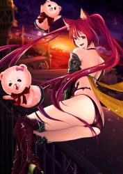 Rule 34 | 10s, 1girl, animal ears, armor, armored boots, ass, ayubee, bare shoulders, bikini armor, boots, bow, bowtie, butt crack, cerberus (shingeki no bahamut), dog ears, high heels, highres, long hair, looking at viewer, panties, pink bow, red armor, red bow, red eyes, red hair, red panties, shingeki no bahamut, smile, solo, twintails, underwear, very long hair