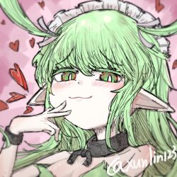 Rule 34 | 1girl, :3, artist name, black souls, blush, collar, commentary, furrowed brow, green eyes, green hair, heart, leaf (black souls), looking at viewer, maid headdress, metal collar, pink background, pointy ears, smug