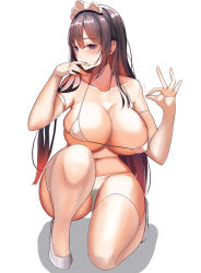Rule 34 | 1girl, bad id, bad pixiv id, bare shoulders, bikini, breasts, brown hair, collarbone, commentary request, covered erect nipples, elbow gloves, elbow sleeve, finger to mouth, gloves, gongba laoge, halterneck, heart, heart-shaped pupils, high heels, highres, knee up, large breasts, long hair, looking to the side, maid headdress, micro bikini, multicolored hair, navel, ok sign, on one knee, original, partially fingerless gloves, photoshop (medium), shiny skin, solo, squatting, string bikini, swimsuit, symbol-shaped pupils, thighhighs, white bikini