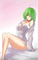 Rule 34 | 1girl, absurdres, bad id, bad pixiv id, bare shoulders, bottomless, breasts, cleavage, cleavage cutout, clothing cutout, collarbone, dress shirt, green hair, hair over one eye, highres, kazami yuuka, koissa, large breasts, long legs, looking at viewer, naked shirt, off shoulder, red eyes, shirt, sitting, solo, touhou