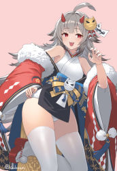 Rule 34 | 1girl, :d, ahoge, armpits, azur lane, bare shoulders, claw pose, commentary request, cuboon, fur trim, grey hair, hair ornament, hand on own hip, hand up, hibiki (azur lane), hibiki (new year&#039;s little imp) (azur lane), horns, japanese clothes, kanzashi, leg up, long hair, looking at viewer, off shoulder, okobo, open mouth, platform clogs, platform footwear, red eyes, sandals, shirt, sleeveless, sleeveless shirt, smile, solo, thighhighs, thighs, twitter username, very long hair, white thighhighs, wide sleeves, zouri