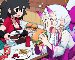 Rule 34 | 1girl, apron, aqua nails, black choker, black eyes, black hair, bow, breasts, brown eyes, burger, can, choker, cleavage, crab, drink can, earrings, fang, food, fork, french fries, hair bow, highres, holding, holding food, horns, jewelry, long sleeves, lucia (scott malin), medium breasts, medium hair, nail polish, necklace, open mouth, original, ponytail, print apron, purple bow, purple horns, red shirt, scott malin, shirt, short sleeves, smile, soda can, solo, su-an, upper body, white hair