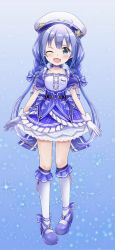 Rule 34 | 1girl, asacrebleu, belt, beret, blue bow, blue eyes, blue footwear, blue hair, blue skirt, blush, bow, braid, frills, full body, gloves, hair between eyes, hair bow, hat, high heels, highres, long hair, looking at viewer, nijisanji, official art, one eye closed, open mouth, pink ribbon, puffy short sleeves, puffy sleeves, ribbon, short sleeves, skirt, smile, socks, solo, straight-on, thighs, twin braids, twintails, very long hair, virtual youtuber, white gloves, white hat, white socks, yuuki chihiro, yuuki chihiro (8th costume)
