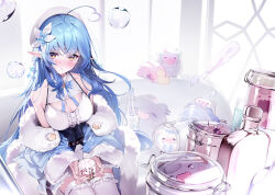 Rule 34 | 1girl, ahoge, bare shoulders, blue hair, breasts, character request, check character, cleavage, flower, hair between eyes, hair flower, hair ornament, half updo, highres, hololive, jar, large breasts, long hair, long sleeves, looking at viewer, open mouth, pointy ears, sitting, ssrb (shishiro botan), thighhighs, virtual youtuber, white thighhighs, wide sleeves, yaguo, yellow eyes, yukihana lamy