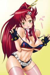 Rule 34 | 00s, 1girl, :p, artist request, belt, bikini, bikini top only, blush, breasts, fingerless gloves, gloves, hair ornament, highres, huge breasts, long hair, looking at viewer, navel, pink thighhighs, ponytail, red hair, skull hair ornament, solo, swimsuit, tengen toppa gurren lagann, thighhighs, tongue, tongue out, undressing, yellow eyes, yoko littner