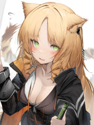 Rule 34 | 1girl, absurdres, animal ears, arknights, black jacket, breasts, cleavage, collarbone, drill hair, fang, green eyes, hat, highres, jacket, long hair, looking at viewer, medium breasts, no headwear, no headwear, open mouth, simple background, solo, swire (arknights), tab head, tail, tiger ears, tiger girl, tiger tail, twin drills, white background