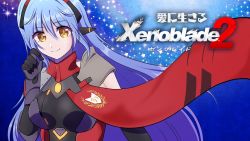 Rule 34 | 1girl, android, blue background, breasts, highres, hotatechoco (hotariin), large breasts, long hair, nintendo, poppi (xenoblade), poppi qtpi (xenoblade), purple hair, scarf, smile, solo, spoilers, xenoblade chronicles (series), xenoblade chronicles 2, xenoblade chronicles (series), xenoblade chronicles 2, yellow eyes