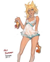 Rule 34 | 10s, 1girl, 2011, :o, ahoge, animal ears, aqua eyes, arm behind back, artist name, bare legs, bare shoulders, blonde hair, breasts, camisole, cleavage, contrapposto, cutoffs, dark-skinned female, dark skin, dated, denim, denim shorts, earrings, flower, hip focus, holding, jewelry, navel, open fly, open mouth, racoona, sandals, unworn sandals, see-through, shiny skin, short hair, short shorts, shorts, signature, simple background, sketch, small breasts, solo, standing, unzipped, white background