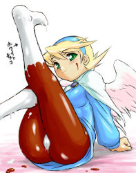 Rule 34 | 1girl, angel wings, ass, blonde hair, blue theme, blush, body chocolate, boots, breath of fire, breath of fire iv, capcom, censored, chocolate, crotch seam, dr.p, hairband, leg lift, legs, monochrome, nina (breath of fire iv), no pants, no shoes, pantyhose, pussy, see-through, short hair, simple background, sitting, solo, sweat, tongue, underwear, vanilla, wariza, white background, wings