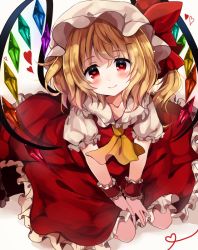 Rule 34 | 1girl, ascot, bad id, bad pixiv id, blonde hair, blush, bow, closed mouth, collarbone, crystal, dress, flandre scarlet, hat, hat bow, heart, heart-shaped pupils, looking at viewer, mob cap, puffy short sleeves, puffy sleeves, red bow, red dress, red eyes, short hair, short sleeves, side ponytail, sitting, smile, solo, symbol-shaped pupils, touhou, uguisu mochi (ykss35), wings, wrist cuffs