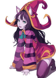 Rule 34 | 1girl, animal ears, arm support, colored skin, dress, ears through headwear, fkey, green eyes, hat, kneeling, league of legends, lipstick, long hair, lulu (league of legends), makeup, purple hair, purple skin, purple thighhighs, shirt, solo, striped clothes, striped shirt, thighhighs, witch hat