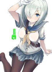 Rule 34 | 10s, 1girl, azizkeybackspace, black pantyhose, blue eyes, breasts, derivative work, female focus, gloves, hair ornament, hair over one eye, hairclip, hamakaze (kancolle), highres, image sample, kantai collection, large breasts, looking at viewer, open mouth, pantyhose, pleated skirt, school uniform, serafuku, short hair, sitting, skirt, solo, sweat, watermark, white gloves, white hair