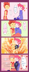 Rule 34 | !?, 2boys, 4koma, ^ ^, adventure time, blush, cartoon network, closed eyes, comic, english text, engrish text, fire, flame prince, happy, heart, highres, kiss, male focus, multiple boys, open mouth, pointy ears, prince bubba gumball, prince gumball, ranguage, sitting, sitting on lap, sitting on person, smile, smoke, surprised, yaoi