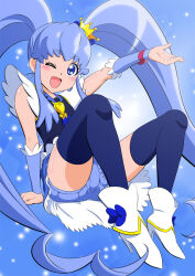 Rule 34 | 1girl, blue eyes, blue hair, blue shirt, blue shorts, blue skirt, blush, crown, cure princess, fuchi (nightmare), happinesscharge precure!, high heels, highres, long hair, looking at viewer, magical girl, mini crown, one eye closed, open mouth, precure, shirayuki hime, shirt, shorts, skirt, smile, solo, twintails, very long hair, white footwear