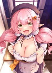 Rule 34 | + +, 1girl, :d, ahoge, blush, braid, breasts, choker, cleavage, clenched hands, crown braid, demon tail, dirndl, frilled choker, frills, german clothes, hair ornament, hairclip, headdress, highres, large breasts, long hair, looking at viewer, narushima kanna, open mouth, original, paid reward available, pink hair, pointy ears, paid reward available, smile, solo, tail, white choker, yellow eyes