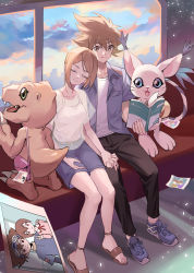 Rule 34 | 1boy, 1girl, :d, absurdres, agumon, bag, black pants, blue eyes, book, breasts, brother and sister, brown eyes, brown hair, closed mouth, collarbone, digimon, digimon (creature), highres, holding hands, looking at viewer, medium breasts, open book, open clothes, open mouth, open shirt, pants, photo (object), pink bag, shirt, shoes, short hair, shorts, shoulder bag, siblings, sitting, smile, tailmon, white shirt, window, xinliu asato, yagami hikari, yagami taichi