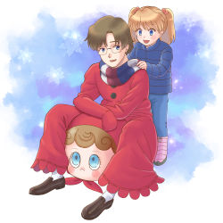 Rule 34 | 1boy, 1girl, age difference, aida kensuke, beard, blue eyes, blush, coat, costume, evangelion: 3.0+1.0 thrice upon a time, facial hair, full body, glasses, gloves, grin, neon genesis evangelion, open mouth, rebuild of evangelion, scarf, sitting, smile, souryuu asuka langley, standing, twintails