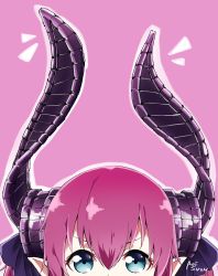 Rule 34 | 10s, 1girl, aoi suzu, artist name, asymmetrical horns, bad id, bad pixiv id, blue eyes, close-up, commentary request, elizabeth bathory (fate), elizabeth bathory (fate/extra ccc), eyelashes, fate/extra, fate/extra ccc, fate (series), hair between eyes, hair ribbon, highres, horns, looking at viewer, outline, pink background, pink hair, pointy ears, ribbon, simple background, solo, tareme, uneven horns