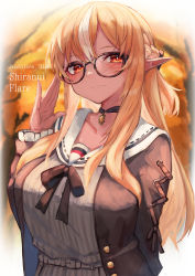Rule 34 | 1girl, absurdres, adjusting eyewear, arm up, autumn leaves, blonde hair, blurry, blurry background, braid, breasts, brown neckwear, brown shirt, character name, choker, collarbone, comic lo, copyright name, dark-skinned female, dark skin, elf, glasses, highres, hololive, huge filesize, inre kemomimi, large breasts, long hair, long sleeves, looking at viewer, pointy ears, red eyes, ribbon, sailor collar, shiranui flare, shiranui flare (street), shirt, sidelocks, smile, solo focus, upper body, virtual youtuber