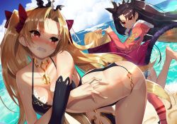 Rule 34 | 2girls, alternate costume, ankle strap, ass, beach, bent over, bikini, black hair, blonde hair, blue sky, blush, breasts, unworn cape, cleavage, clenched teeth, cloud, day, earrings, elbow gloves, ereshkigal (fate), fate/grand order, fate (series), fur trim, gloves, grin, hair ribbon, hood, hoop earrings, ishtar (fate), ishtar (swimsuit rider) (fate), jacket, jewelry, long hair, looking at another, multiple girls, necklace, ocean, outdoors, parted bangs, red eyes, ribbon, scottie (phantom2), sidelocks, single elbow glove, single thighhigh, sky, smile, swimsuit, teeth, thighhighs, tiara, two side up, undressing another