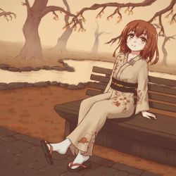 Rule 34 | autumn, autumn leaves, bench, brooch, brown eyes, brown hair, collarbone, flip-flops, hair ornament, hairclip, ikazuchi (kancolle), japanese clothes, jewelry, kantai collection, kimono, on bench, park bench, pouting, removing sandals, sandals, sitting, socks, vorisar, white socks, yukata