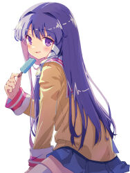 Rule 34 | 1girl, :d, akayama yukihe, arm support, blue skirt, blush, clannad, commentary, cowboy shot, food, from behind, fujibayashi kyou, hair between eyes, hair intakes, hair over shoulder, hair ribbon, hand up, happy, highres, hikarizaka private high school uniform, holding, holding food, holding popsicle, jacket, leaning forward, long hair, long sleeves, looking at viewer, miniskirt, open mouth, pleated skirt, popsicle, purple eyes, purple hair, ribbon, sailor collar, school uniform, sidelighting, simple background, skirt, smile, solo, straight hair, thighhighs, very long hair, white background, white ribbon, white sailor collar, white thighhighs, yellow jacket, zettai ryouiki