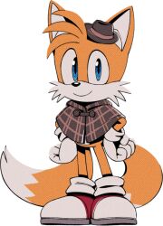 Rule 34 | 1boy, animal ears, animal nose, blue eyes, body fur, brown capelet, brown hat, capelet, child, closed mouth, digimin, fedora, fox boy, fox ears, fox tail, full body, furry, furry male, gloves, hands on own hips, happy, hat, looking at viewer, male focus, mini hat, multiple tails, non-web source, official art, plaid capelet, red footwear, shoes, simple background, smile, socks, solo, sonic (series), standing, tail, tails (sonic), the murder of sonic the hedgehog, transparent background, two-tone fur, two tails, white fur, white gloves, white socks, yellow fur