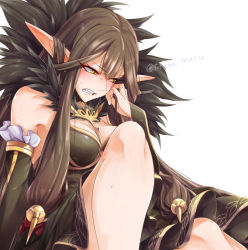 Rule 34 | 1girl, bare shoulders, black dress, blush, breasts, bridal gauntlets, brown hair, cleavage, clenched teeth, dress, fate/apocrypha, fate (series), fur trim, gold trim, knee up, large breasts, long hair, looking to the side, pointy ears, semiramis (fate), sidelocks, sitting, slit pupils, solo, spikes, teeth, torichamaru, very long hair, yellow eyes