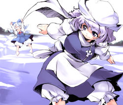 Rule 34 | 2girls, ario, bloomers, blue hair, cirno, closed eyes, female focus, hat, jumping, letty whiterock, multiple girls, open mouth, perfect cherry blossom, purple hair, ribbon, scarf, short hair, smile, touhou, underwear, white bloomers, white scarf, winter