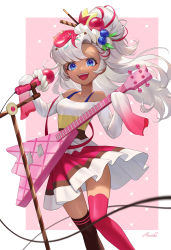Rule 34 | 1girl, :d, absurdres, asymmetrical legwear, bass guitar, blue eyes, breasts, brown thighhighs, commentary request, cookie run, dress, feet out of frame, floating hair, food-themed hair ornament, hair ornament, hair ribbon, heartki, highres, holding, holding instrument, holding microphone, instrument, long hair, long sleeves, looking at viewer, microphone, microphone stand, mismatched legwear, multicolored clothes, multicolored dress, off-shoulder dress, off shoulder, open mouth, pleated dress, ponytail, red ribbon, red thighhighs, ribbon, signature, silver hair, simple background, sleeves past fingers, sleeves past wrists, small breasts, smile, solo, standing, teeth, thighhighs, upper teeth only